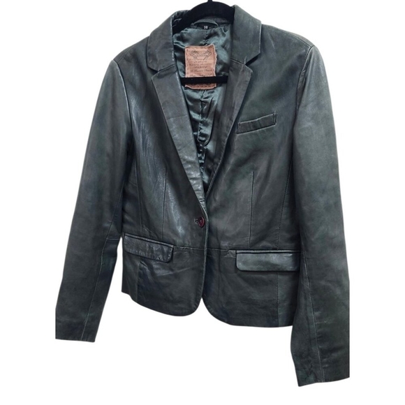 Vintage Leather Blazer Jacket Women’s EU38/US6 Green Notched Lapel Single Button - Picture 1 of 12